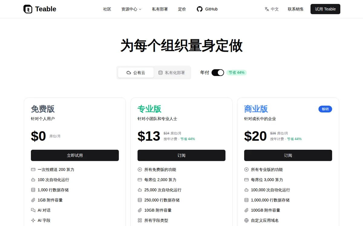Teable官方定價頁截圖：teable.ai，2026-10-08 擷取