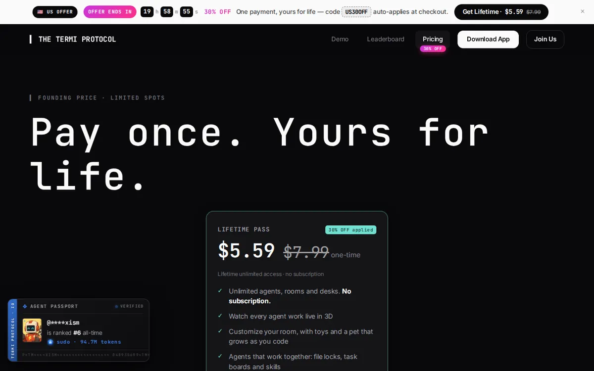 Screenshot of termiprotocol.com (official pricing page), captured 2026-10-08