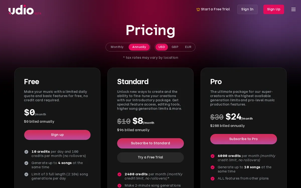 Screenshot of udio.com (official pricing page), captured 2026-10-04