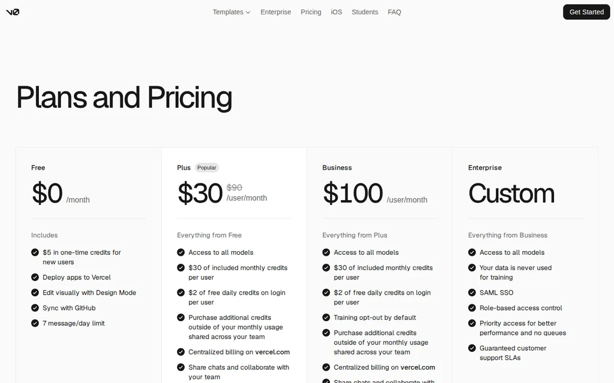 Screenshot of v0.app (official pricing page), captured 2026-10-08
