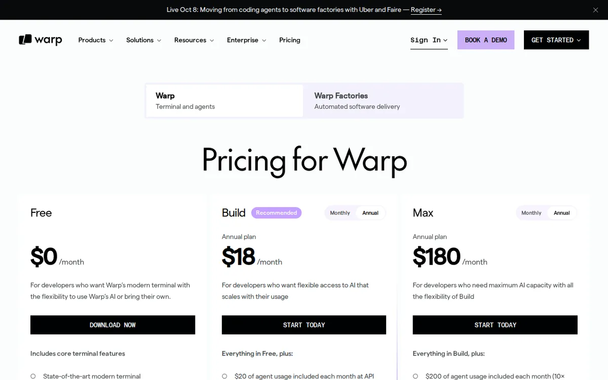 Screenshot of warp.dev (official pricing page), captured 2026-10-07