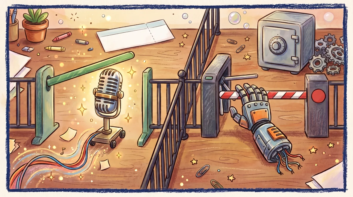 AMPM illustration: Dictation tools converting voice to text pass freely, while autonomous agents operating accounts are 
