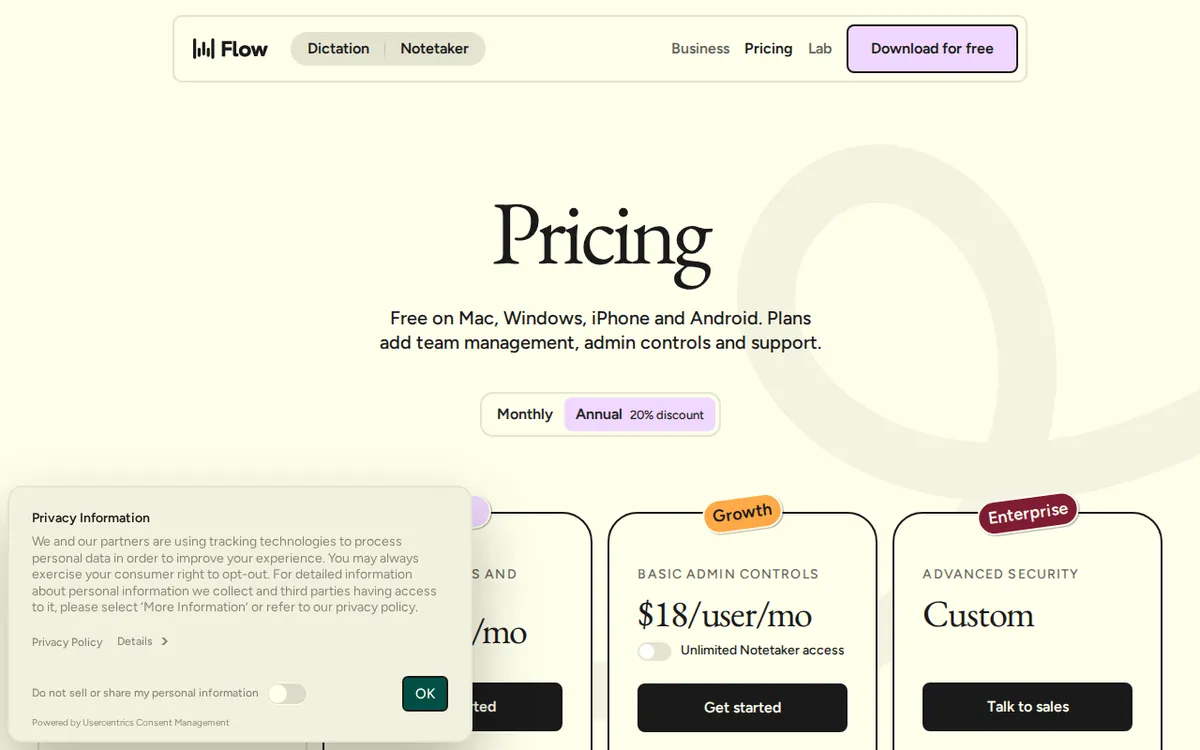 Screenshot of wisprflow.ai (official pricing page), captured 2026-10-18