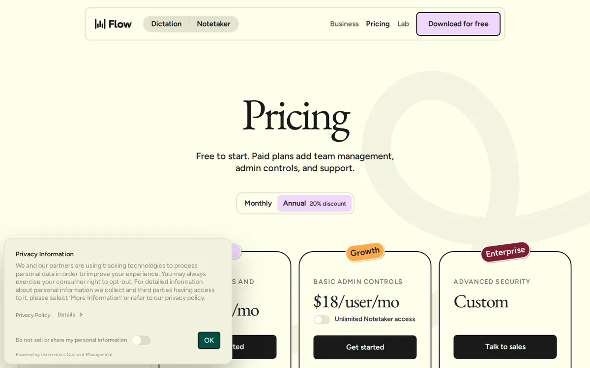 Screenshot of wisprflow.ai (official pricing page), captured 2026-10-07
