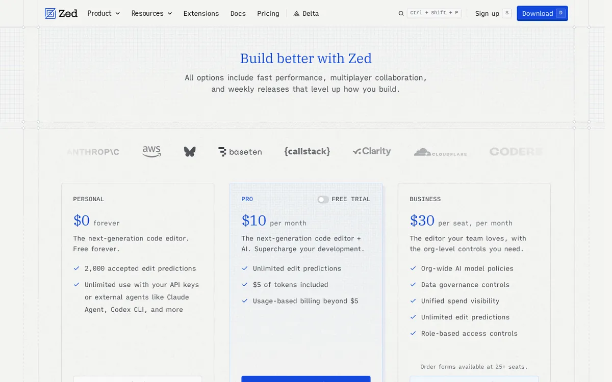 Screenshot of zed.dev (official pricing page), captured 2026-10-08